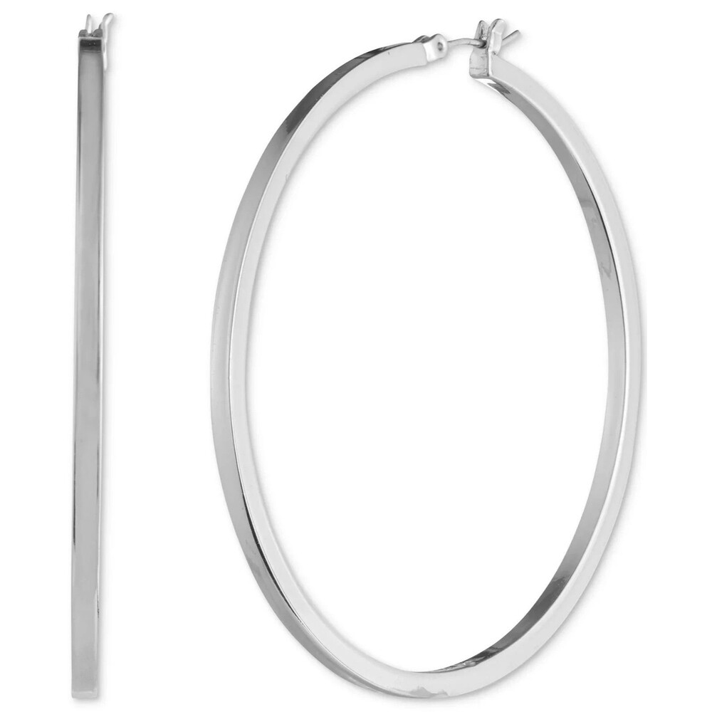 Karl Lagerfeld Paris 2.4in Large Silver Tone Hoop Earrings Click Top New